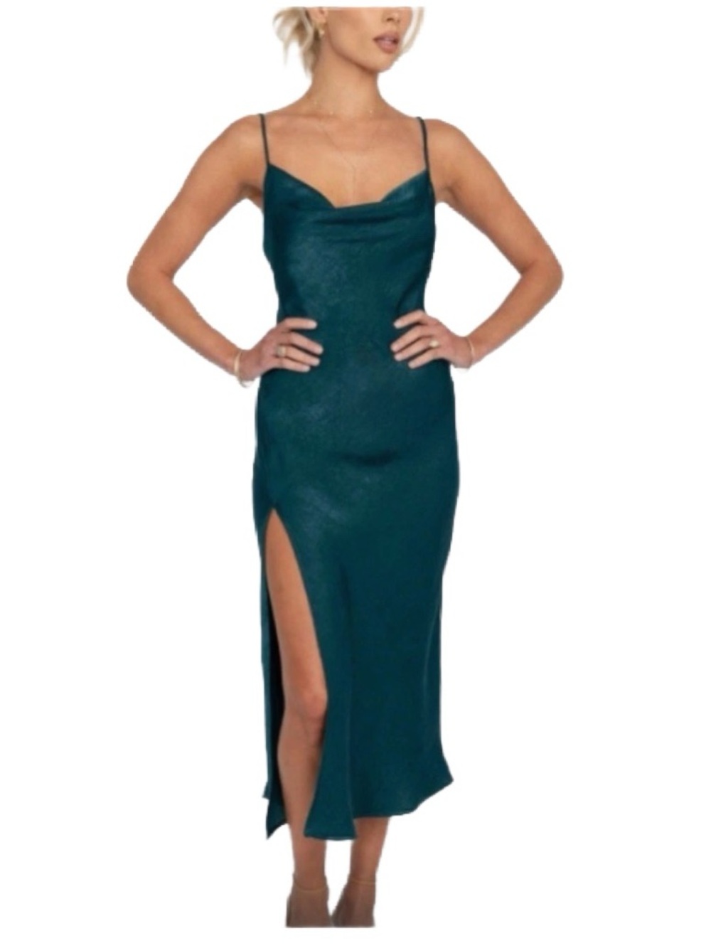 NWT RESA Deep Emerald Satin Slip Midi Dress With High Slit Size S